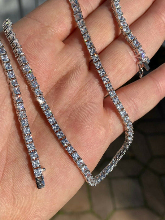 HarlemBling Solid 925 Silver Iced Square Micro Tennis Chain Baguette Necklace Mens Ladies