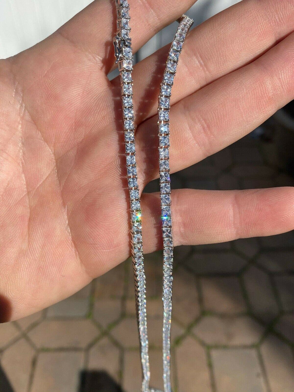 HarlemBling Solid 925 Silver Iced Square Micro Tennis Chain Baguette Necklace Mens Ladies