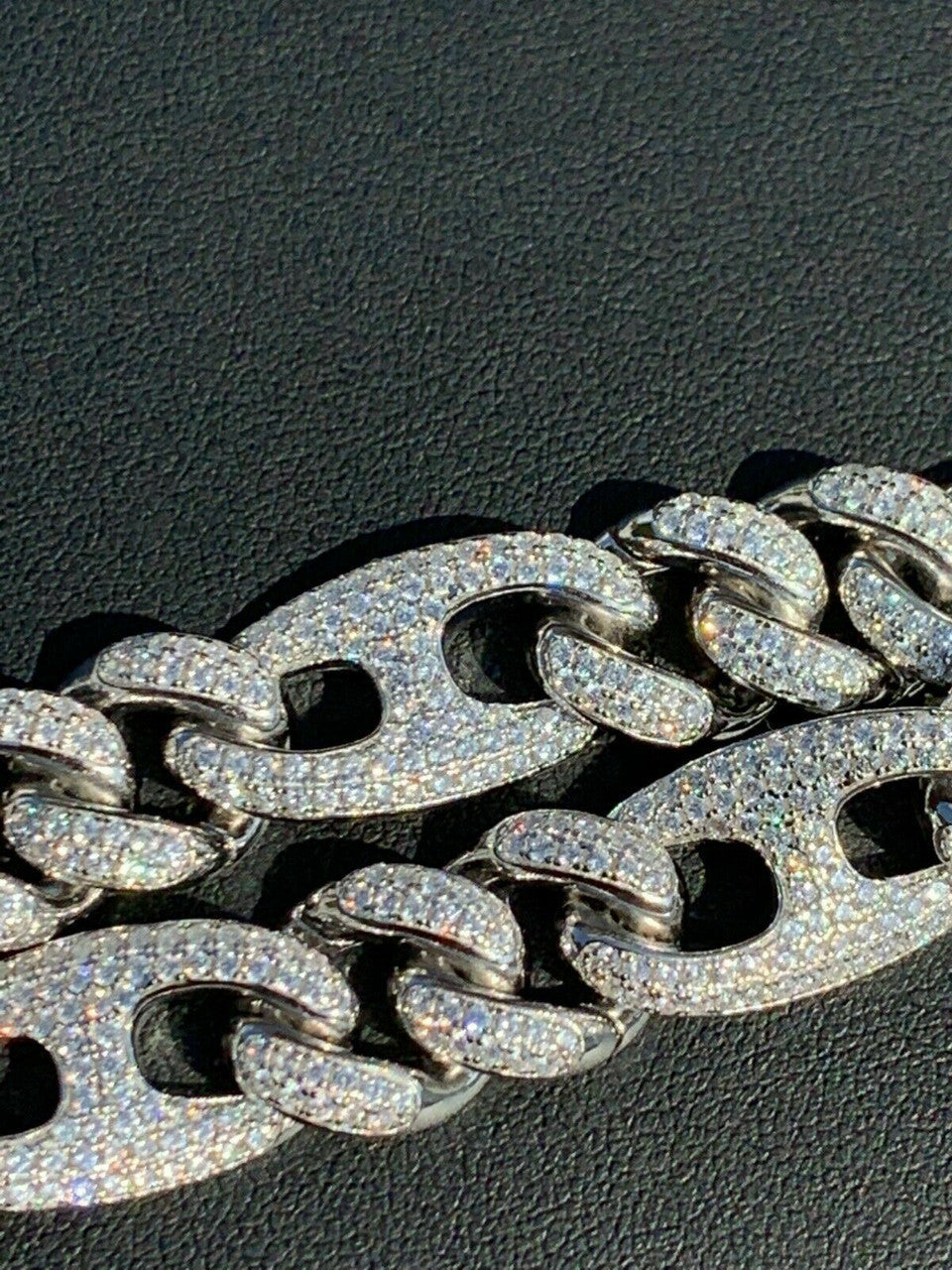 HarlemBling Solid 925 Silver Mens Figarucci Gucci Link Cuban Chain Diamonds Hip Hop Figaro