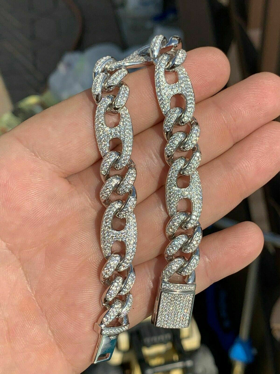 HarlemBling Solid 925 Silver Mens Figarucci Gucci Link Cuban Chain Diamonds Hip Hop Figaro