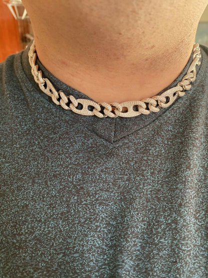 HarlemBling Solid 925 Silver Mens Figarucci Gucci Link Cuban Chain Diamonds Hip Hop Figaro