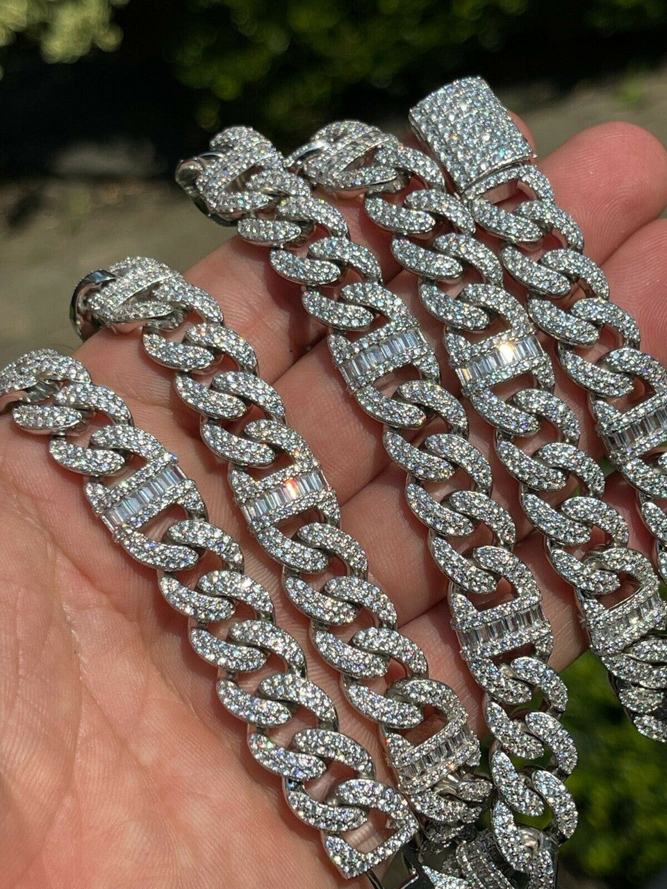 HarlemBling Solid 925 Silver Mens Figarucci Gucci Link Cuban Chain Iced Baguette Diamond Out