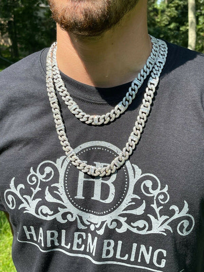 HarlemBling Solid 925 Silver Mens Figarucci Gucci Link Cuban Chain Iced Baguette Diamond Out