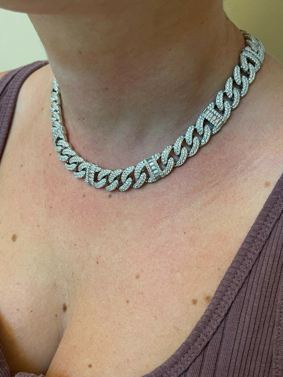 HarlemBling Solid 925 Silver Mens Figarucci Gucci Link Cuban Chain Iced Baguette Diamond Out