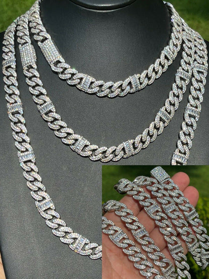 HarlemBling Solid 925 Silver Mens Figarucci Gucci Link Cuban Chain Iced Baguette Diamond Out