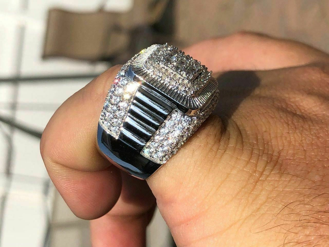 HarlemBling Solid 925 Silver Mens Hip Hop Rapper Big Diamond Pinky RING 14k Gold Super Icy