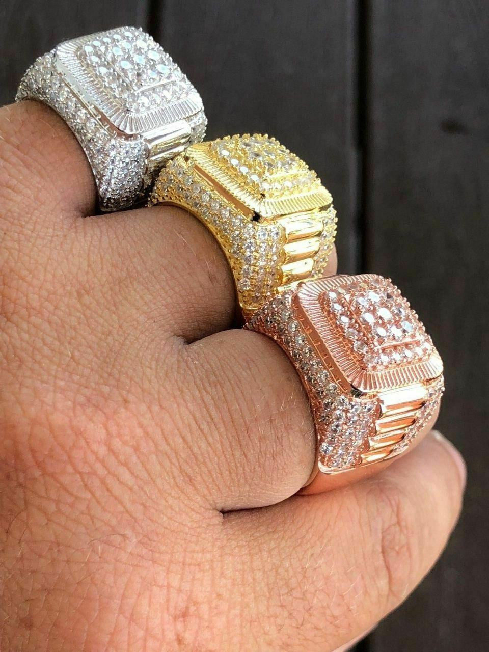 HarlemBling Solid 925 Silver Mens Hip Hop Rapper Big Diamond Pinky RING 14k Gold Super Icy