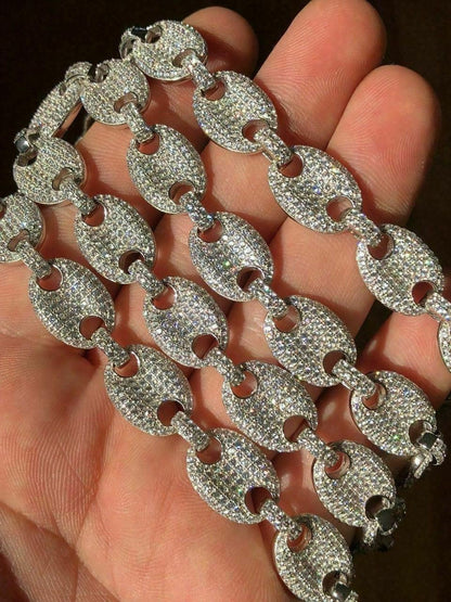 HarlemBling Solid 925 Silver Mens Mariner Puffed Gucci Link Chain Icy Diamond 12mm Necklace