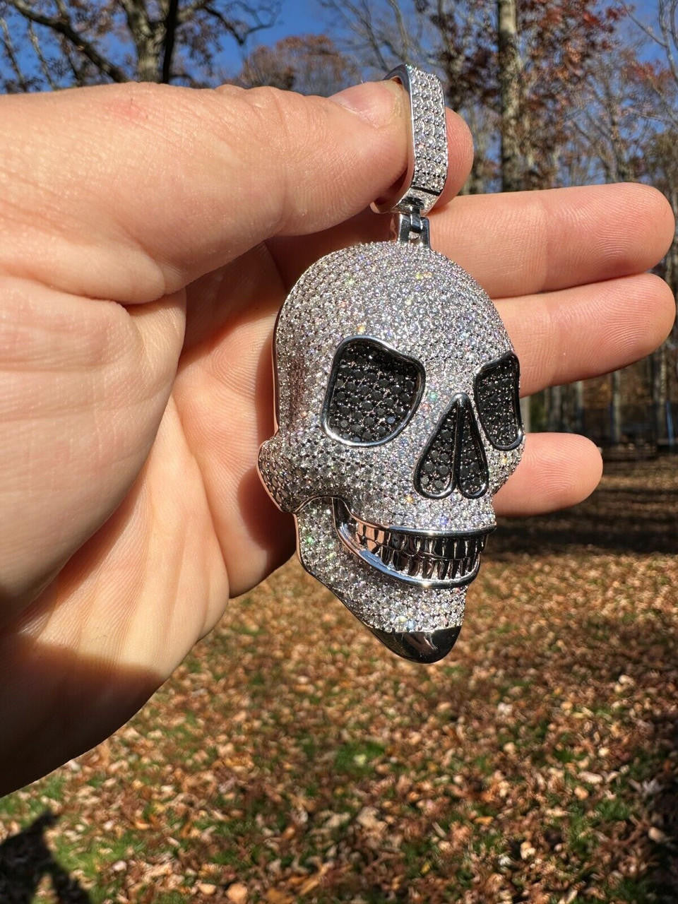 HarlemBling Solid 925 Silver MOISSANITE Skull Iced Fully 3D Hip Hop Pendant Necklace 3 Sizes