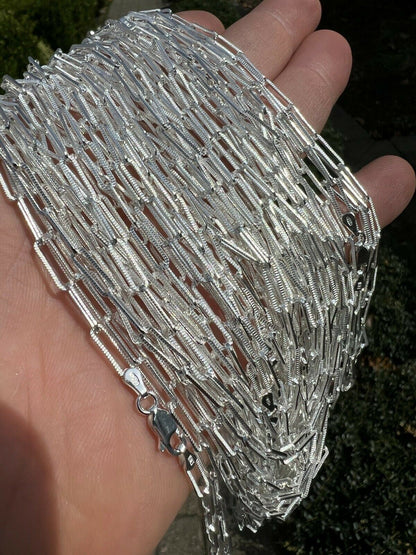 HarlemBling Solid 925 Silver Paperclip Rolo Chain 3.5mm Diamond Cut Necklace Italy Layered