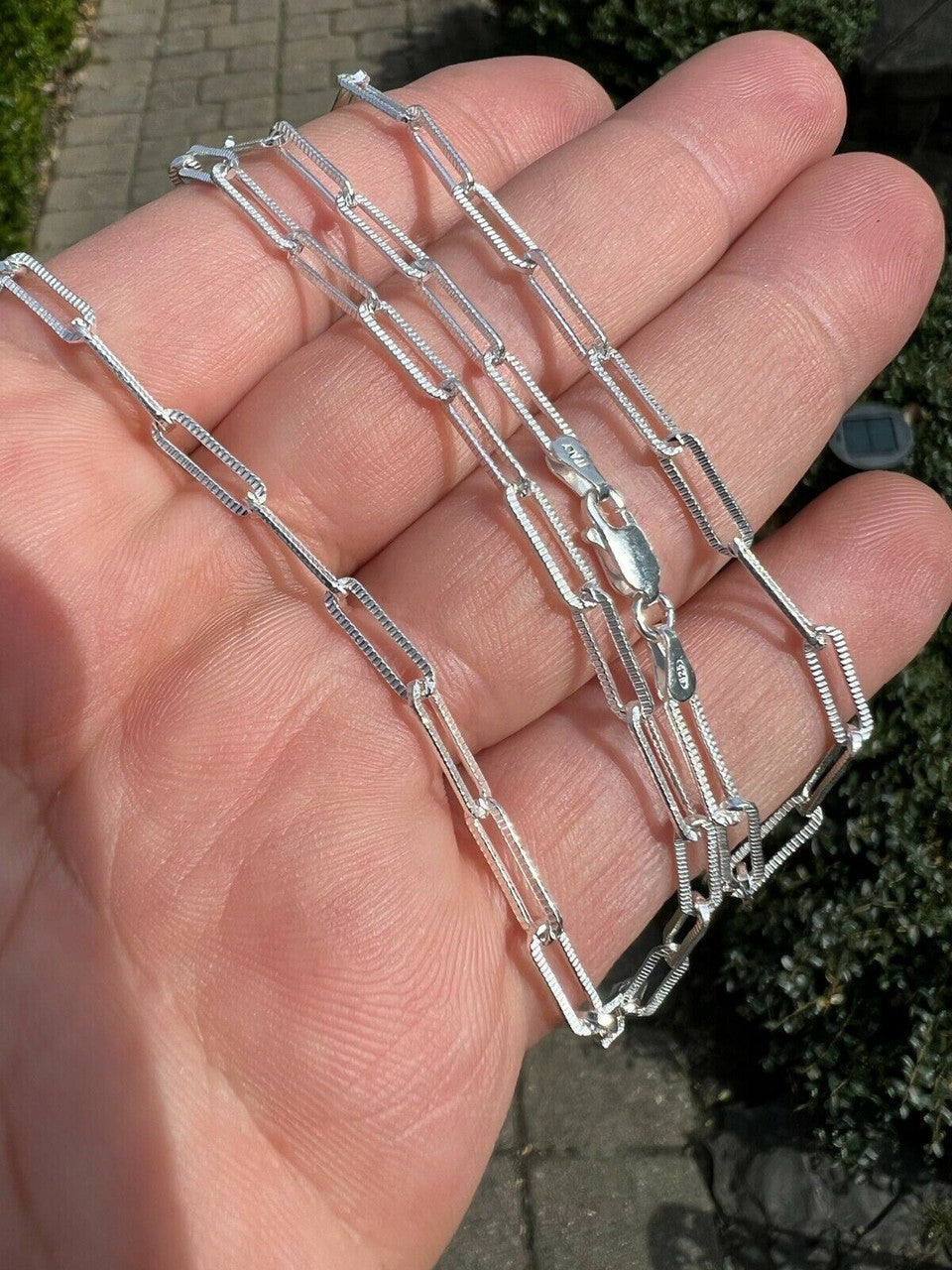 HarlemBling Solid 925 Silver Paperclip Rolo Chain 3.5mm Diamond Cut Necklace Italy Layered