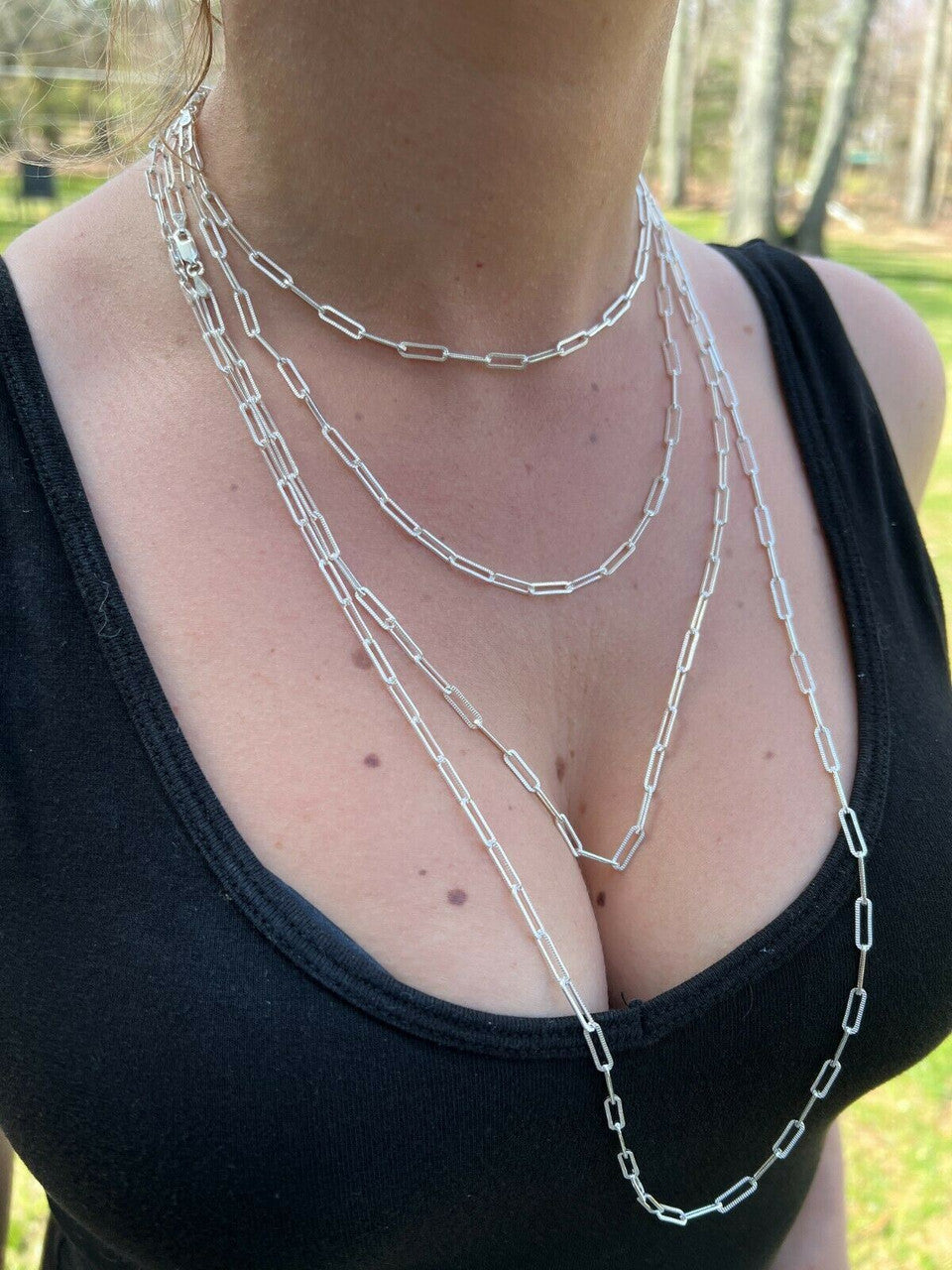 HarlemBling Solid 925 Silver Paperclip Rolo Chain 3.5mm Diamond Cut Necklace Italy Layered