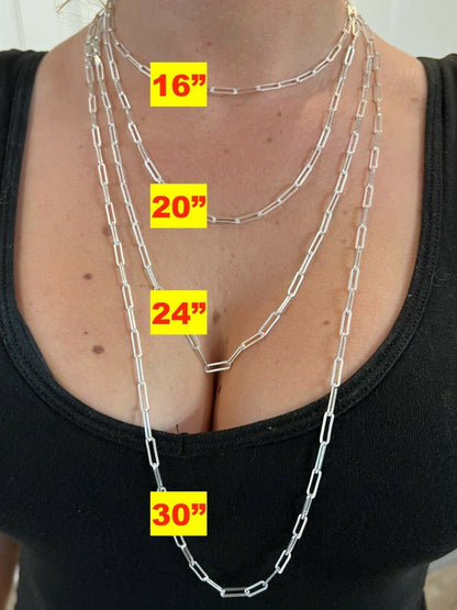 HarlemBling Solid 925 Silver Paperclip Rolo Chain 3.5mm Diamond Cut Necklace Italy Layered