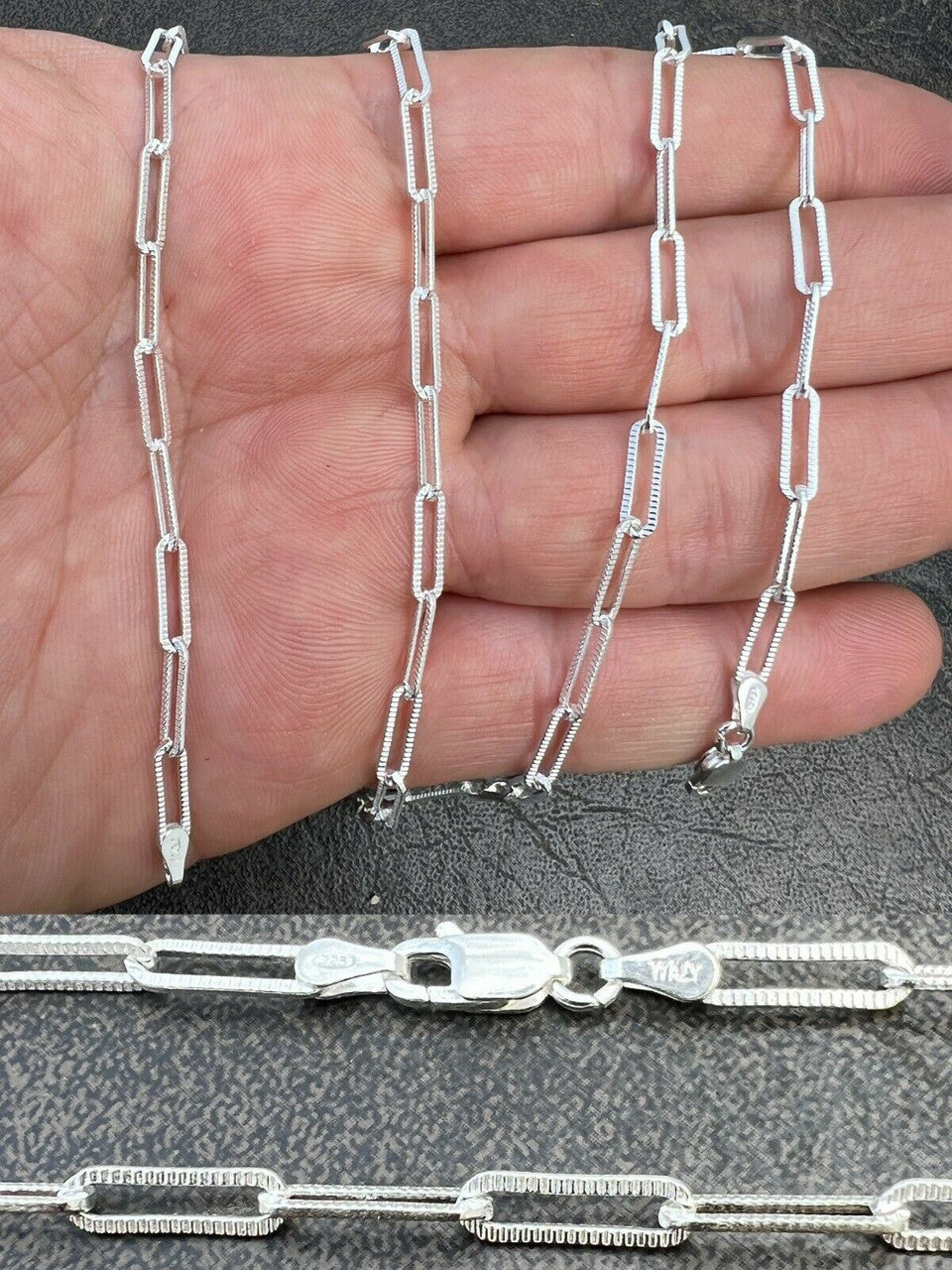 HarlemBling Solid 925 Silver Paperclip Rolo Chain 3.5mm Diamond Cut Necklace Italy Layered