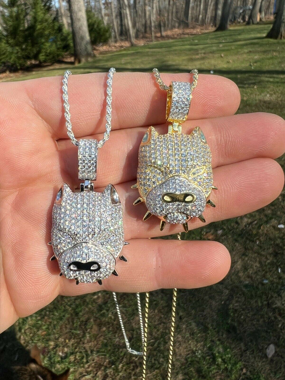 HarlemBling Solid 925 Silver Pitbull Dog Pendant Necklace Iced Diamond Gold Necklace Hip Hop