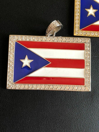 HarlemBling Solid 925 Silver Puerto Rico Flag Pendant 2 Wide BORICUA Rican Chain 14k Gold