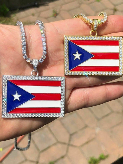 HarlemBling Solid 925 Silver Puerto Rico Flag Pendant 2 Wide BORICUA Rican Chain 14k Gold