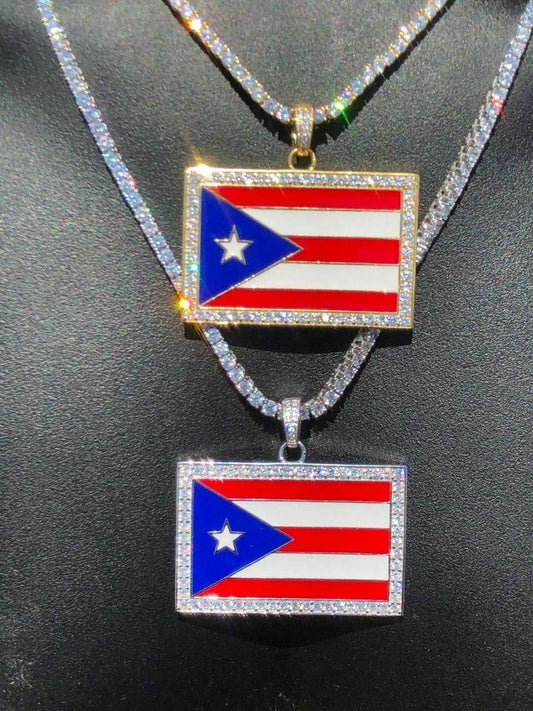 HarlemBling Solid 925 Silver Puerto Rico Flag Pendant 2 Wide BORICUA Rican Chain 14k Gold
