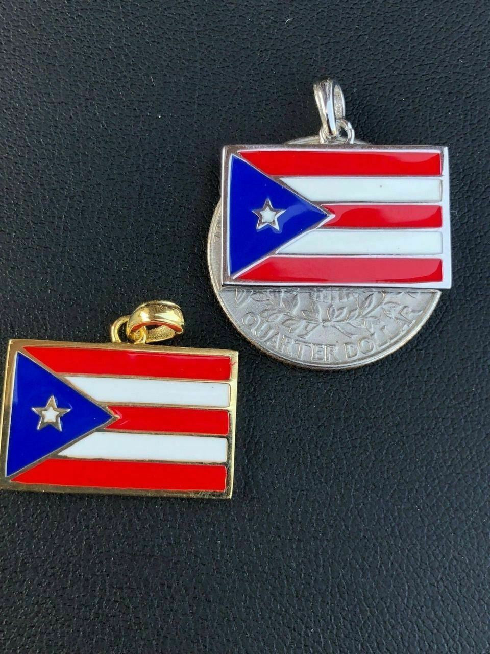 HarlemBling Solid 925 Silver Puerto Rico Flag Pendant Small 1x0.75 Mens Womens 14k Gold
