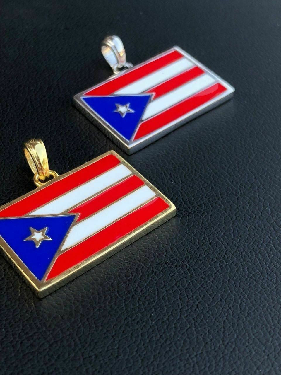 HarlemBling Solid 925 Silver Puerto Rico Flag Pendant Small 1x0.75 Mens Womens 14k Gold