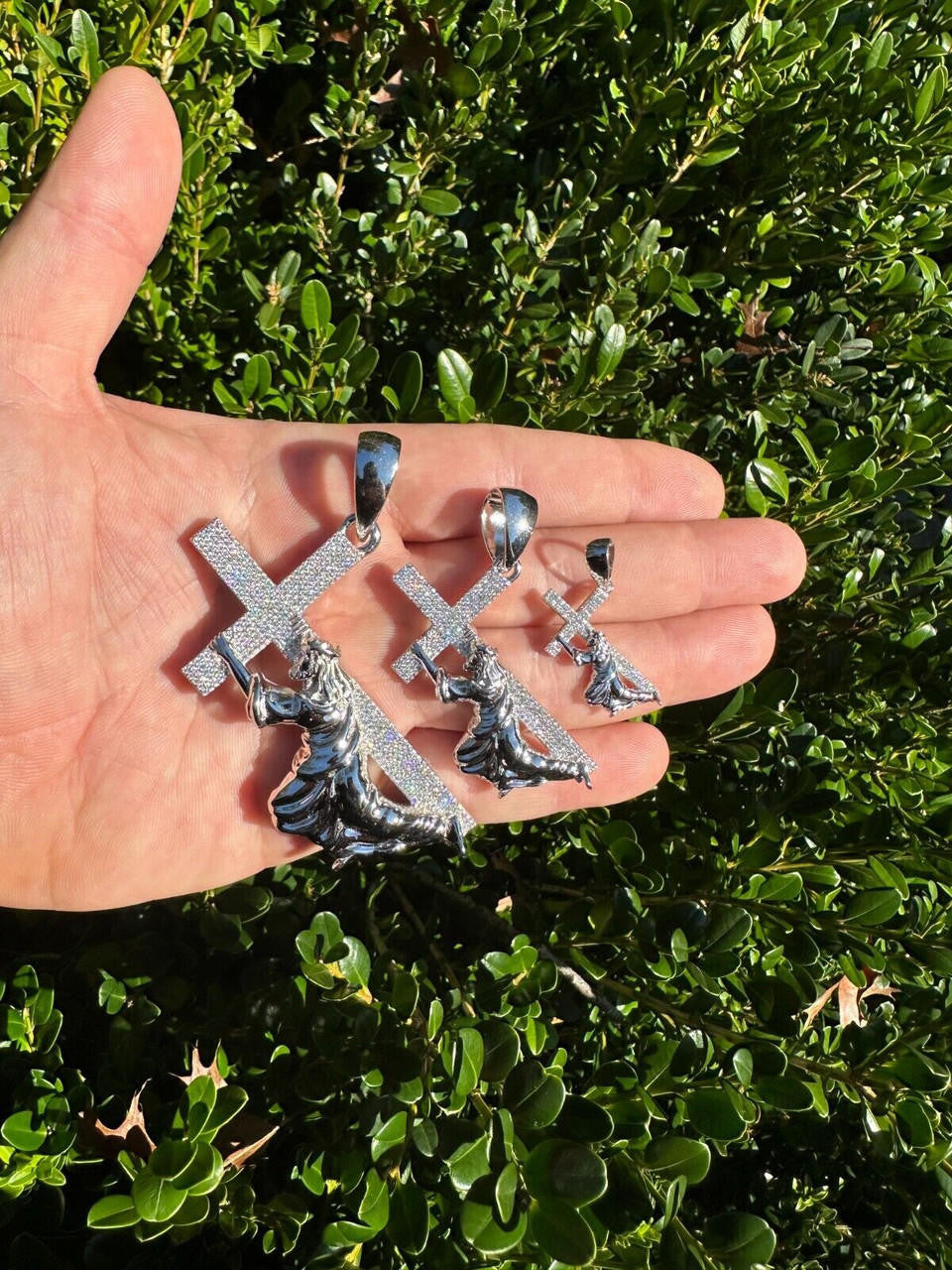 HarlemBling Solid 925 Silver Real MOISSANITE Jesus Carrying Cross Pendant Iced Necklace