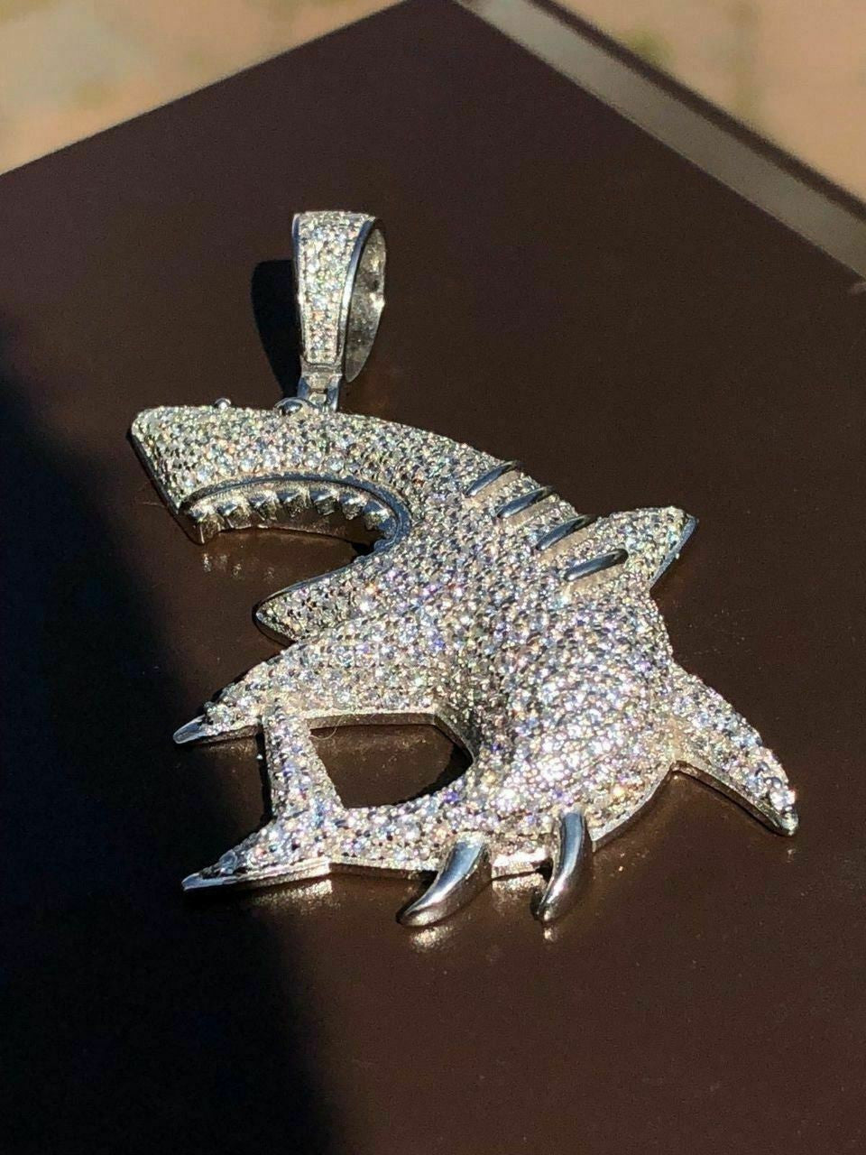 HarlemBling Solid 925 Silver Shark Pendant Diamond 2 Big Piece Hip Hop Real ICED Migos