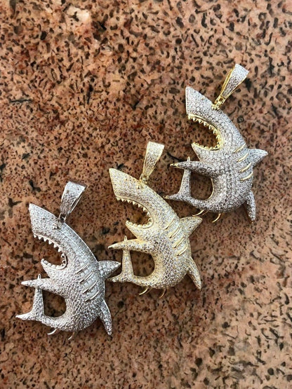 HarlemBling Solid 925 Silver Shark Pendant Diamond 2 Big Piece Hip Hop Real ICED Migos