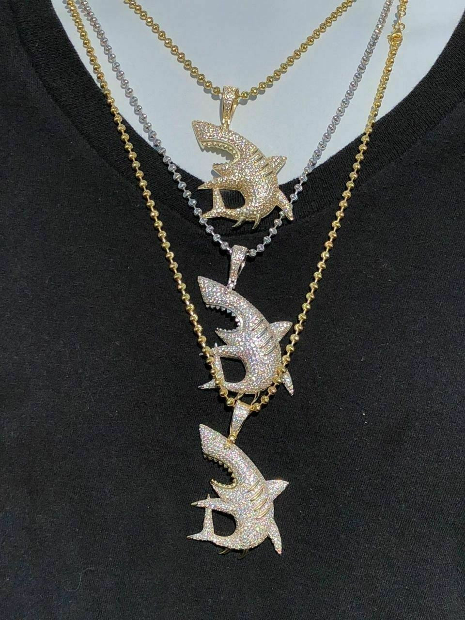 HarlemBling Solid 925 Silver Shark Pendant Diamond 2 Big Piece Hip Hop Real ICED Migos