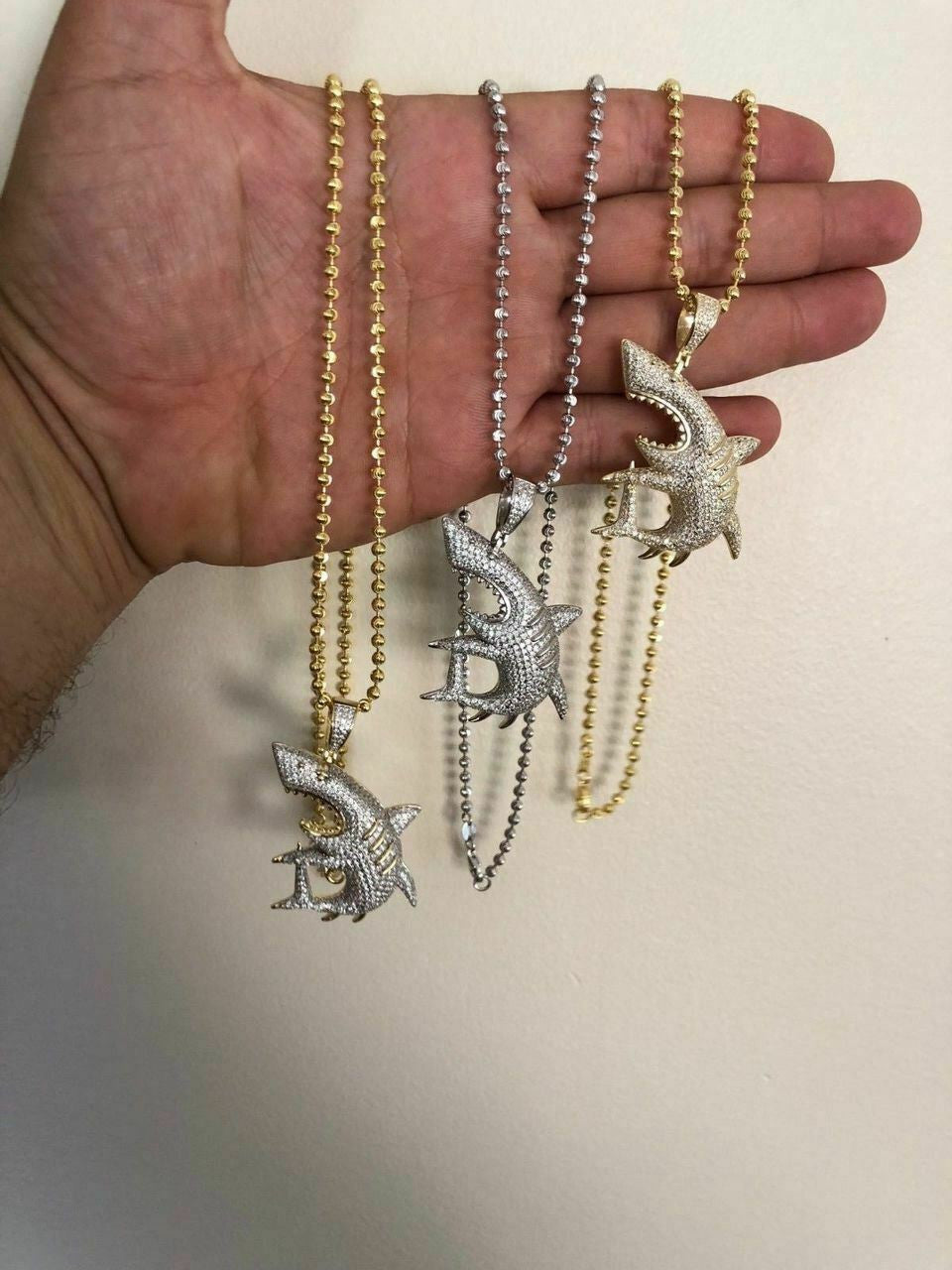 HarlemBling Solid 925 Silver Shark Pendant Diamond 2 Big Piece Hip Hop Real ICED Migos