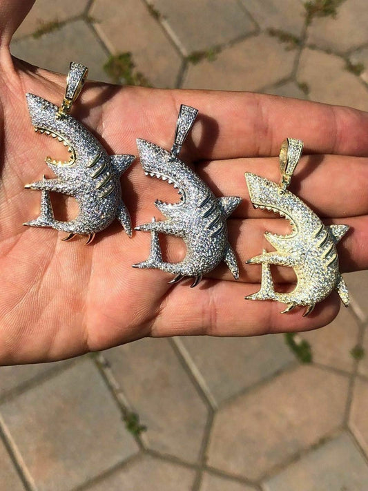 HarlemBling Solid 925 Silver Shark Pendant Diamond 2 Big Piece Hip Hop Real ICED Migos