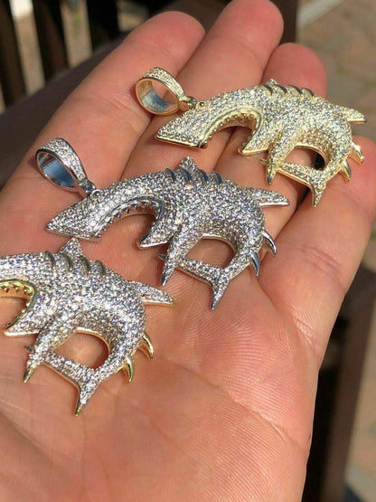 HarlemBling Solid 925 Silver Shark Pendant Diamond 2 Big Piece Hip Hop Real ICED Migos