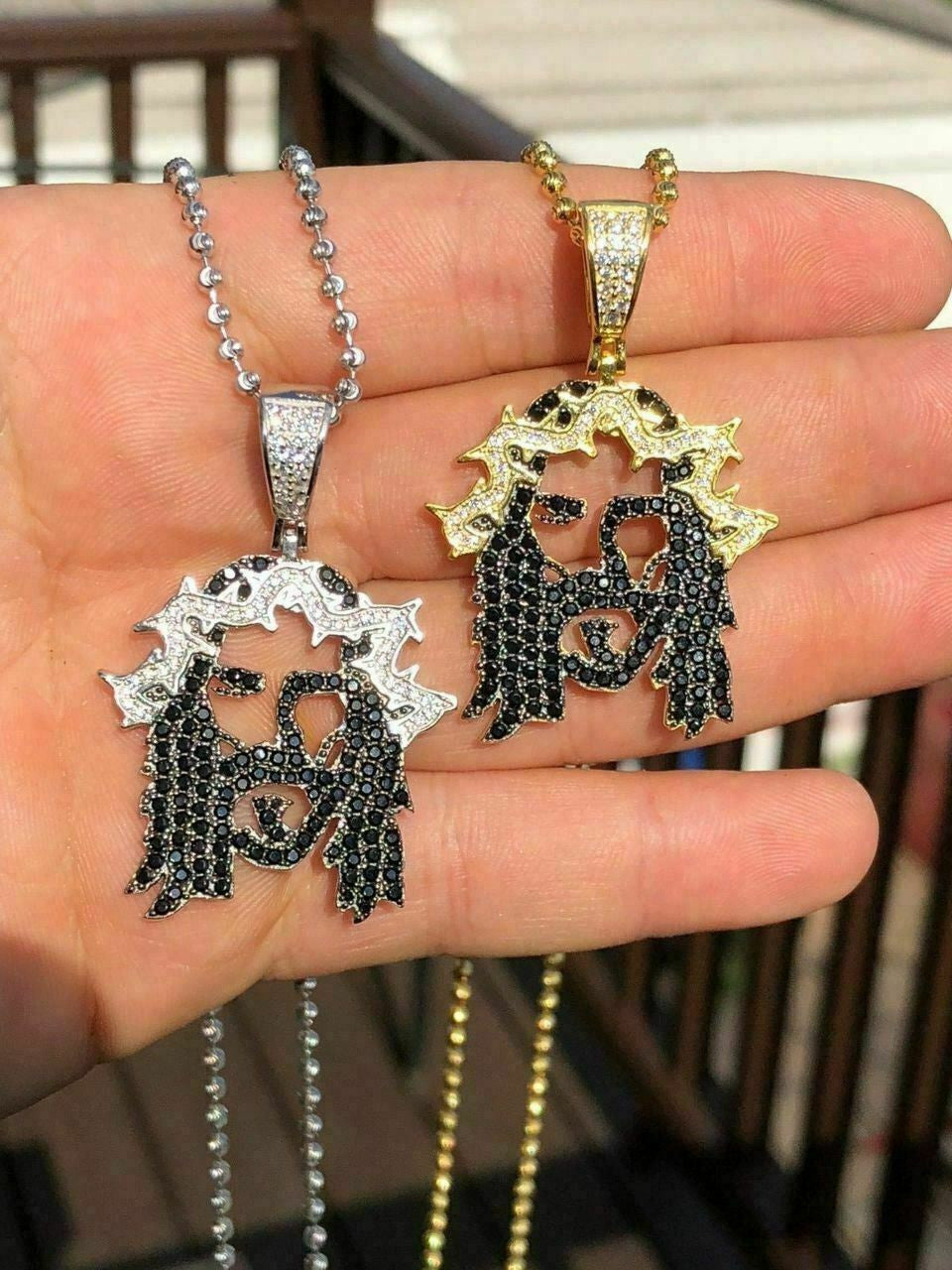 HarlemBling Solid 925 Silver Super Icy Jesus Piece Black Diamond Rapper Gold Chain Pendant