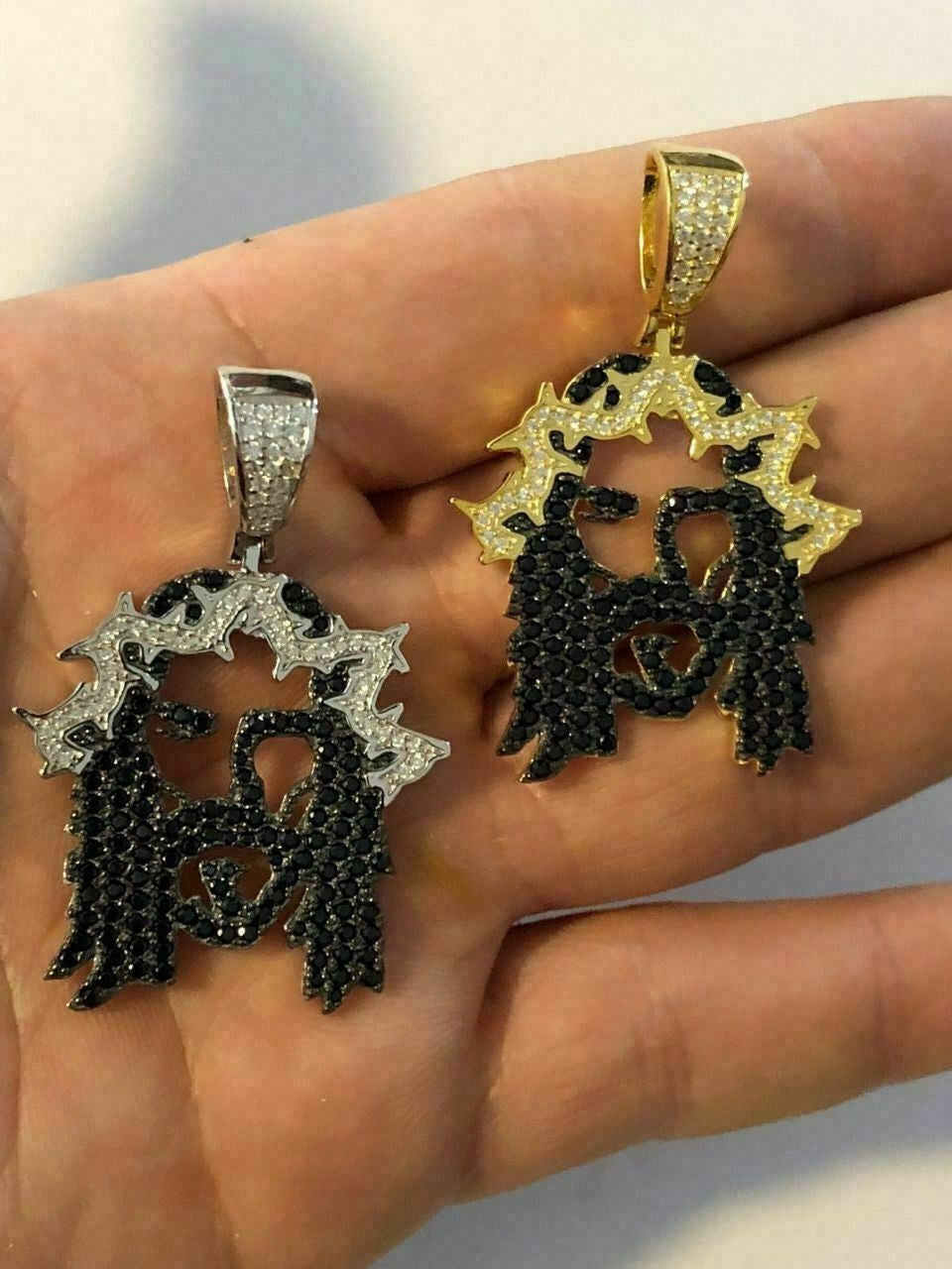 HarlemBling Solid 925 Silver Super Icy Jesus Piece Black Diamond Rapper Gold Chain Pendant