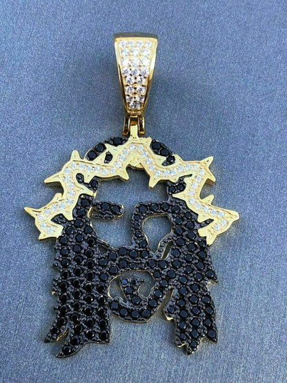HarlemBling Solid 925 Silver Super Icy Jesus Piece Black Diamond Rapper Gold Chain Pendant