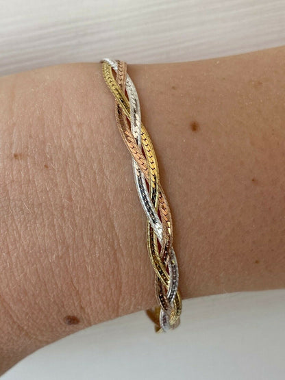 HarlemBling Solid 925 Silver Tri Color Yellow Rose Gold Twisted Braided Herringbone Bracelet Matte Finish
