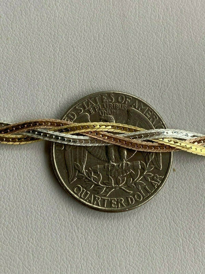 HarlemBling Solid 925 Silver Tri Color Yellow Rose Gold Twisted Braided Herringbone Bracelet Matte Finish