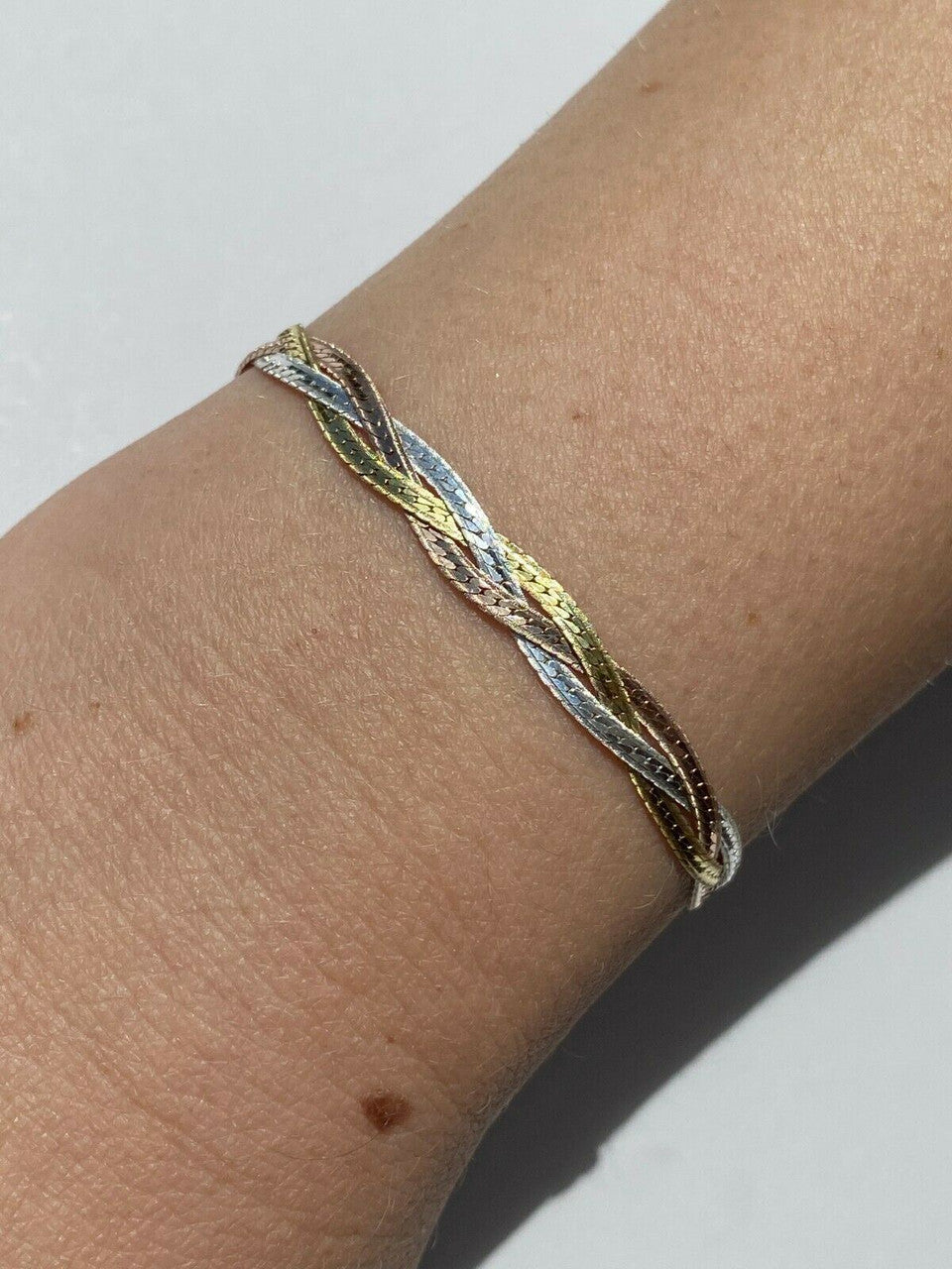 HarlemBling Solid 925 Silver Tri Color Yellow Rose Gold Twisted Braided Herringbone Bracelet Matte Finish