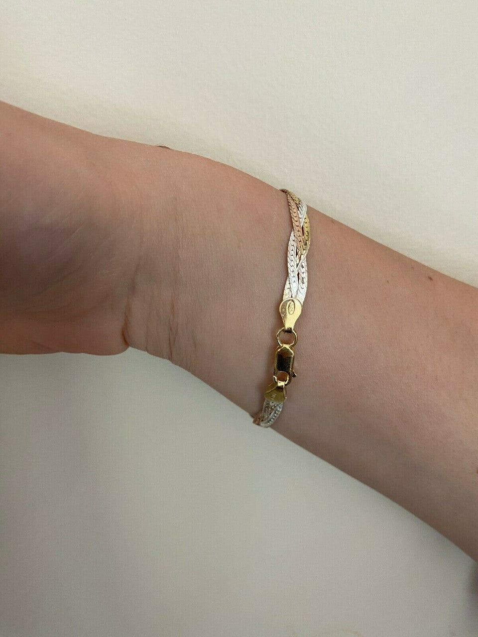 HarlemBling Solid 925 Silver Tri Color Yellow Rose Gold Twisted Braided Herringbone Bracelet Matte Finish