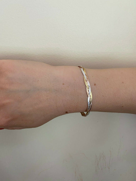 HarlemBling Solid 925 Silver Tri Color Yellow Rose Gold Twisted Braided Herringbone Bracelet Matte Finish