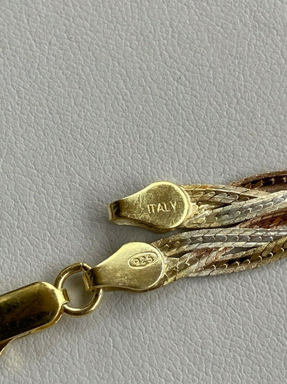 HarlemBling Solid 925 Silver Tri Color Yellow Rose Gold Twisted Braided Herringbone Bracelet Matte Finish