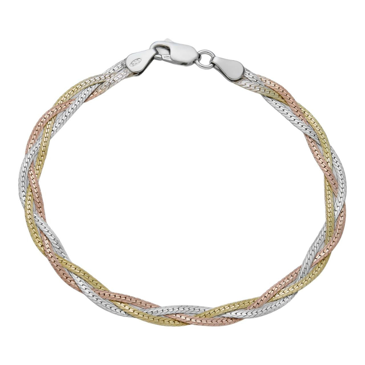 HarlemBling Solid 925 Silver Tri Color Yellow Rose Gold Twisted Braided Herringbone Bracelet Matte Finish