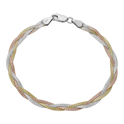 HarlemBling Solid 925 Silver Tri Color Yellow Rose Gold Twisted Braided Herringbone Bracelet Matte Finish