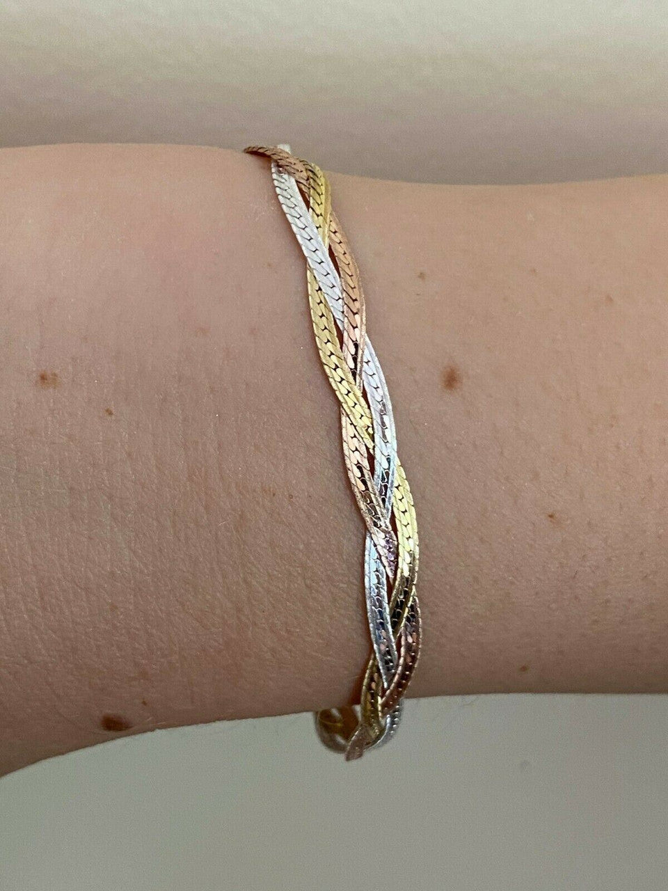 HarlemBling Solid 925 Silver Tri Color Yellow Rose Gold Twisted Braided Herringbone Bracelet Matte Finish