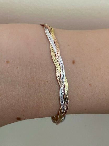 HarlemBling Solid 925 Silver Tri Color Yellow Rose Gold Twisted Braided Herringbone Bracelet Matte Finish