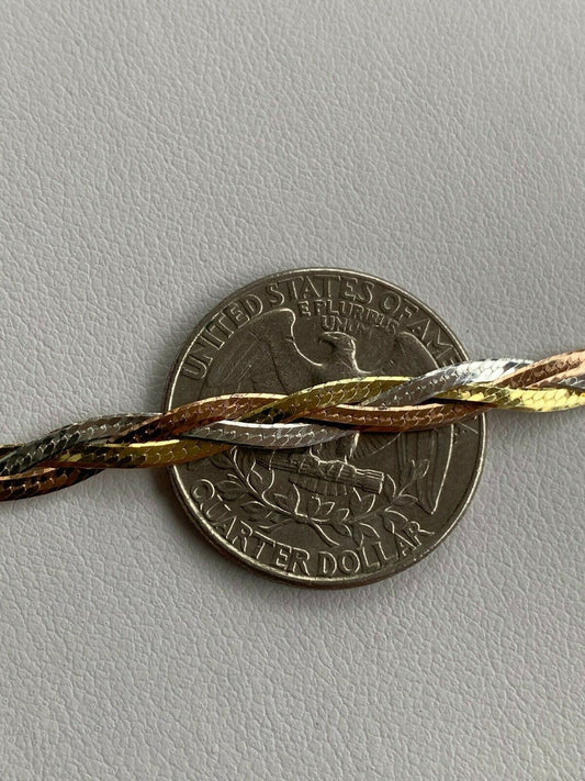 HarlemBling Solid 925 Silver Tri Color Yellow Rose Gold Twisted Braided Herringbone Bracelet