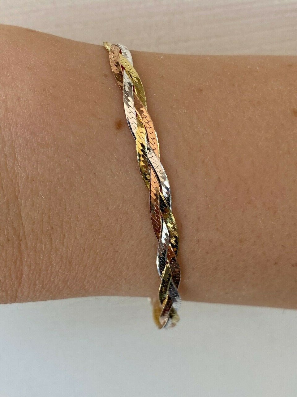 HarlemBling Solid 925 Silver Tri Color Yellow Rose Gold Twisted Braided Herringbone Bracelet