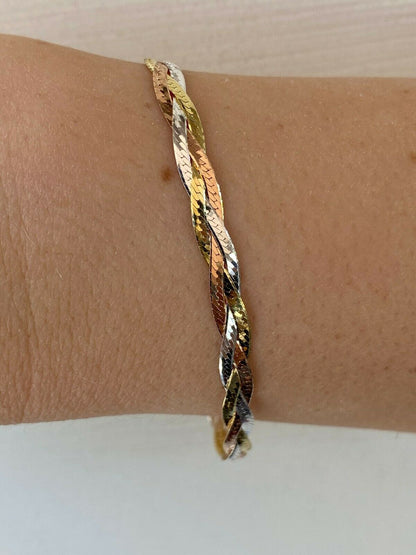 HarlemBling Solid 925 Silver Tri Color Yellow Rose Gold Twisted Braided Herringbone Bracelet