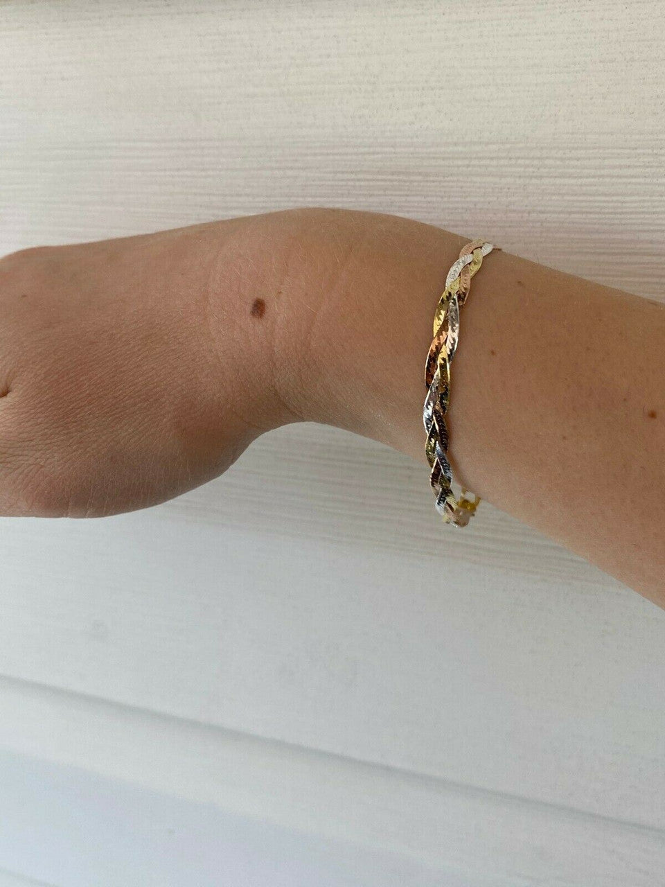 HarlemBling Solid 925 Silver Tri Color Yellow Rose Gold Twisted Braided Herringbone Bracelet