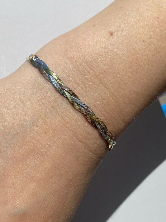 HarlemBling Solid 925 Silver Tri Color Yellow Rose Gold Twisted Braided Herringbone Bracelet