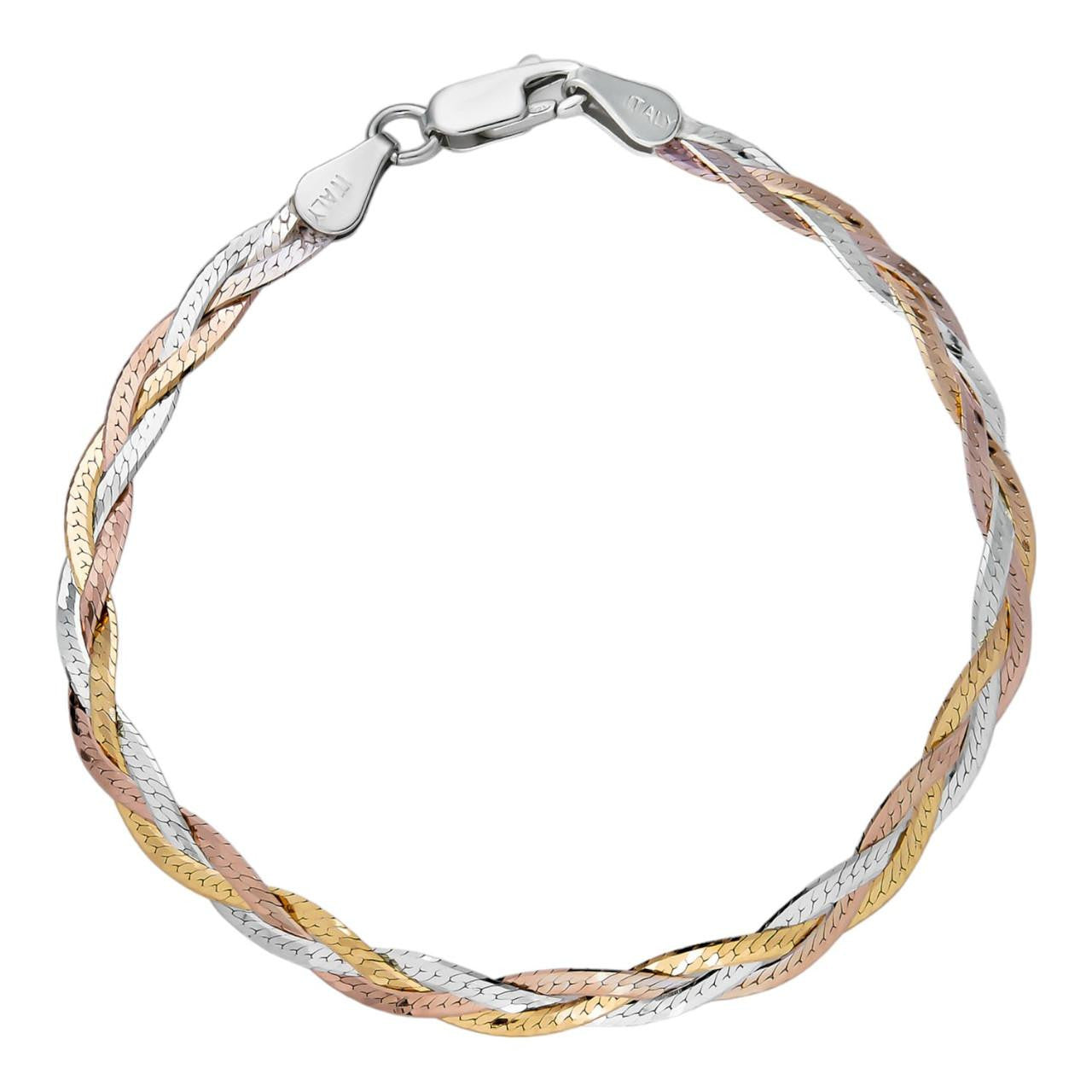 HarlemBling Solid 925 Silver Tri Color Yellow Rose Gold Twisted Braided Herringbone Bracelet